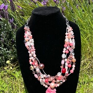 Pink and Cream Multi-Strand Necklace with Beads